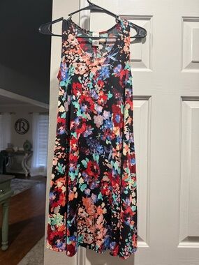 Floral Swing Tank Dress - Black Background with Multicolor Blooms - Small
